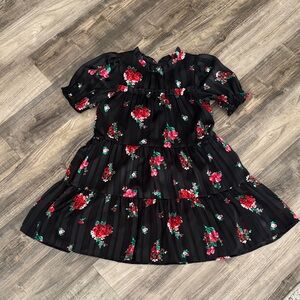 Cat & Jack Black Dress with Pink and Red Floral Design